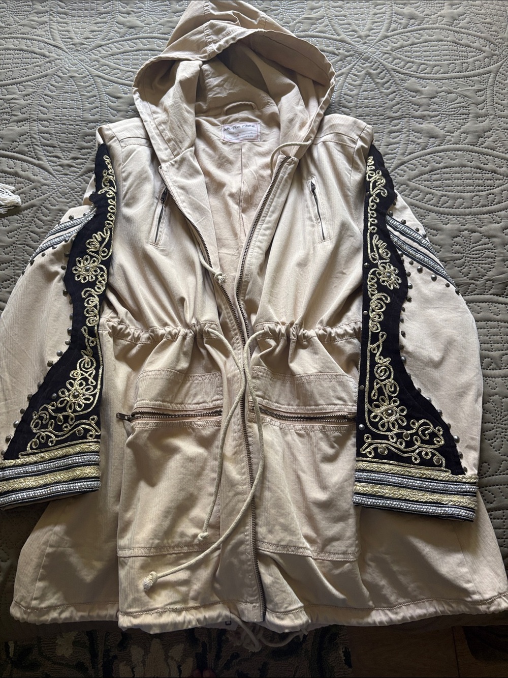We The Free Cream Hooded Utility Jacket with Black & Gold Embroidered Sleeves